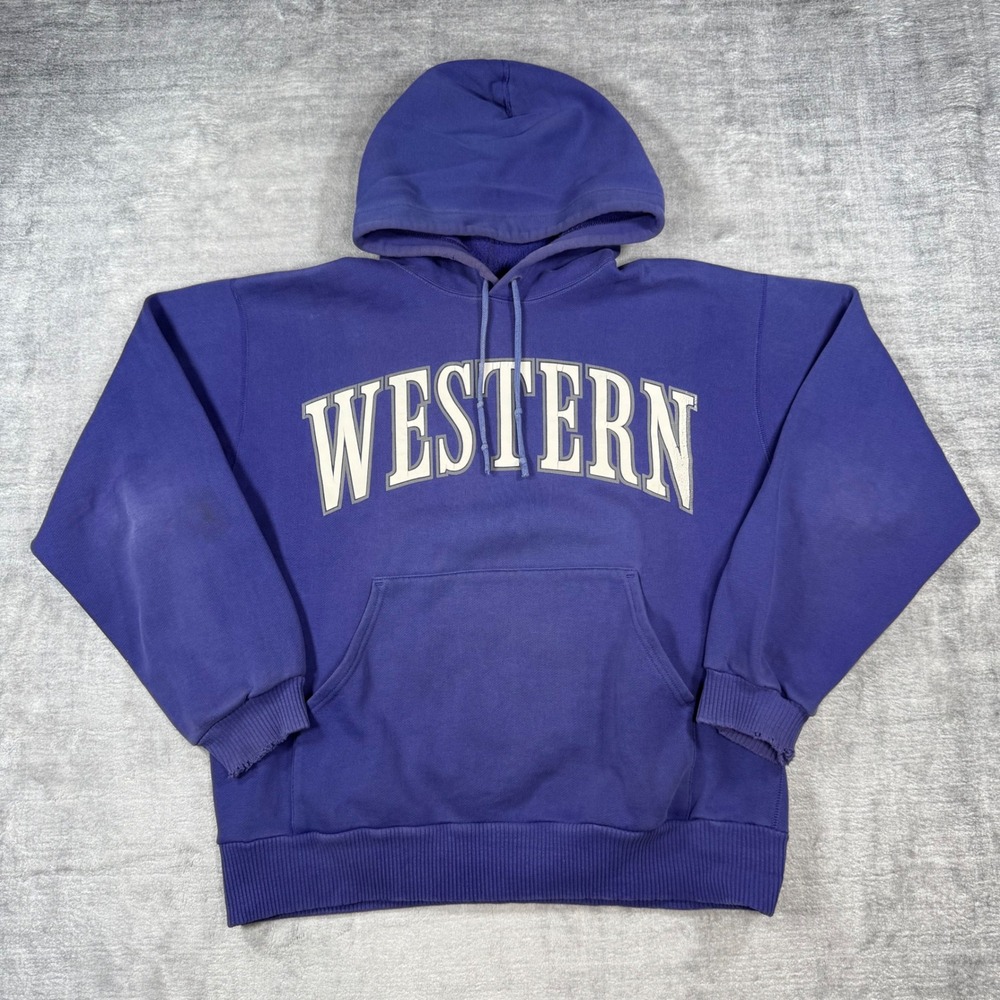 Western University UWO Sweatshirt Mens Large Purple Vtg 90s Distressed Hoodie